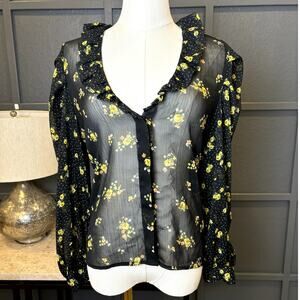 Zara Women's Black Floral Ruffle Collar Long Sleeve Feminine Sheer Blouse Med